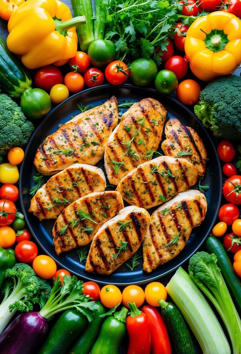 A colorful array of fresh vegetables surrounding a platter of grilled chicken breasts, garnished with herbs and spices