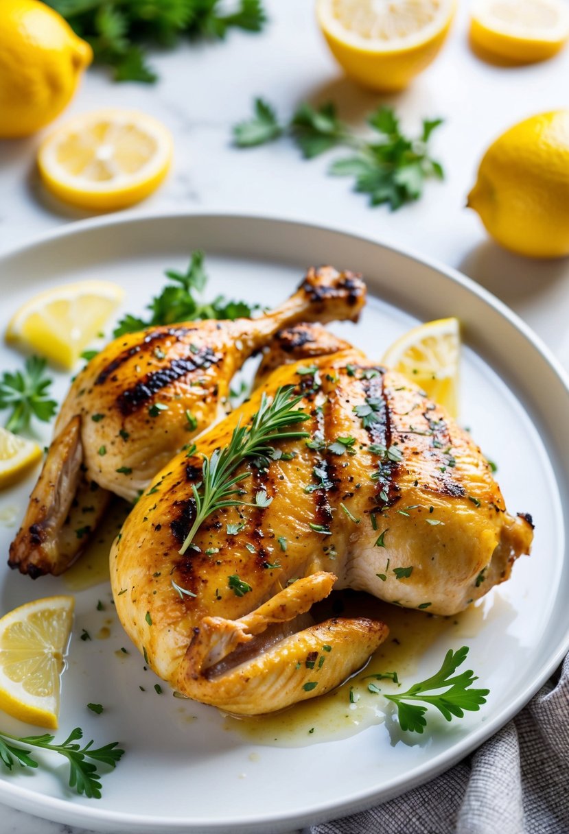 A sizzling grilled lemon herb chicken on a clean, white serving platter with fresh herbs and lemon slices scattered around it