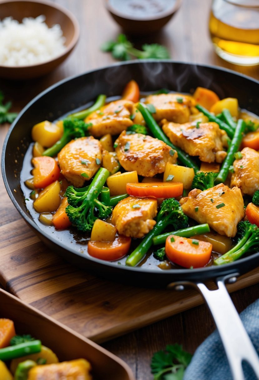 A sizzling skillet of honey garlic chicken stir fry with colorful vegetables and a savory sauce