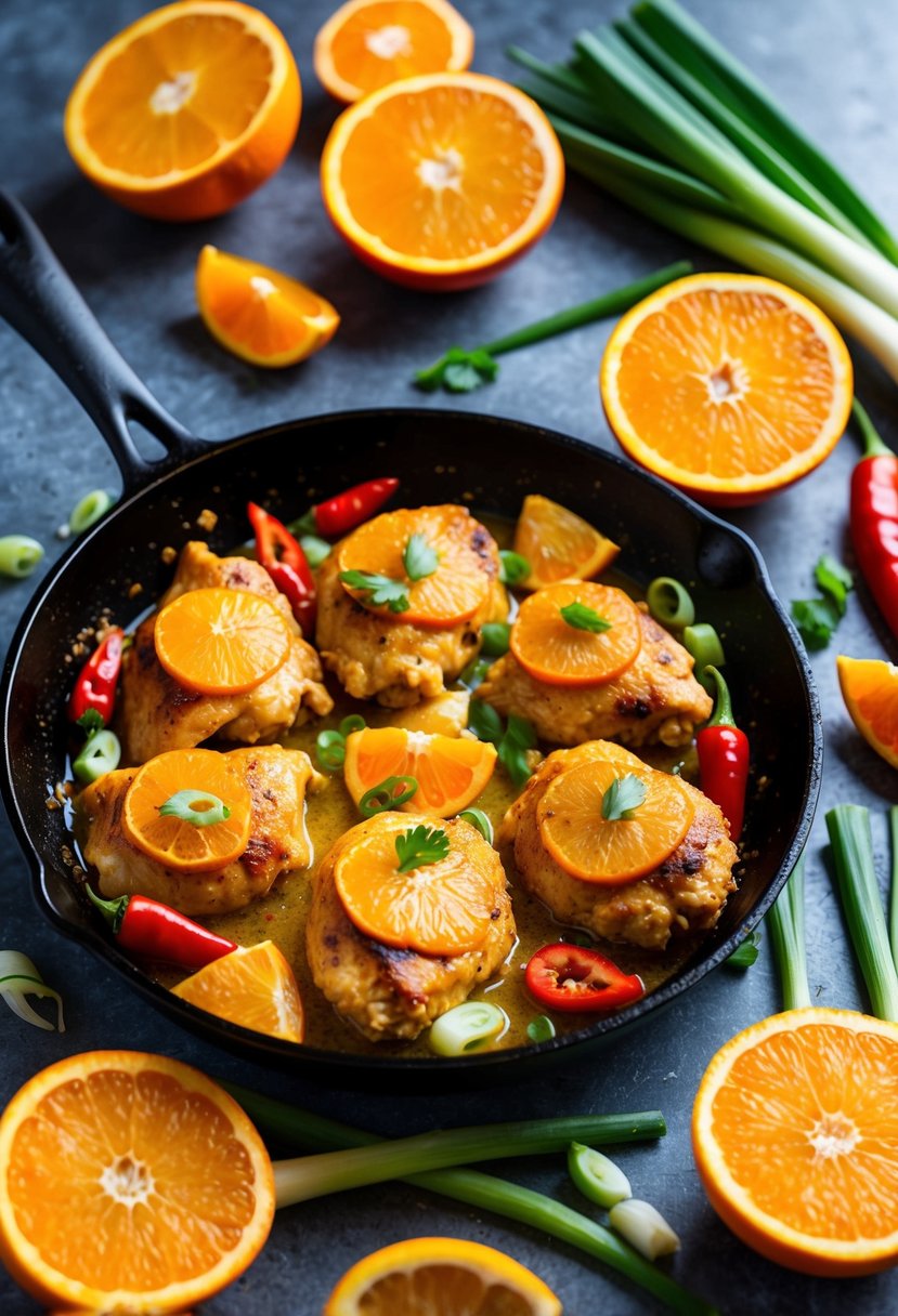 A sizzling skillet of orange chicken surrounded by vibrant, fresh ingredients like sliced oranges, red chili peppers, and green onions