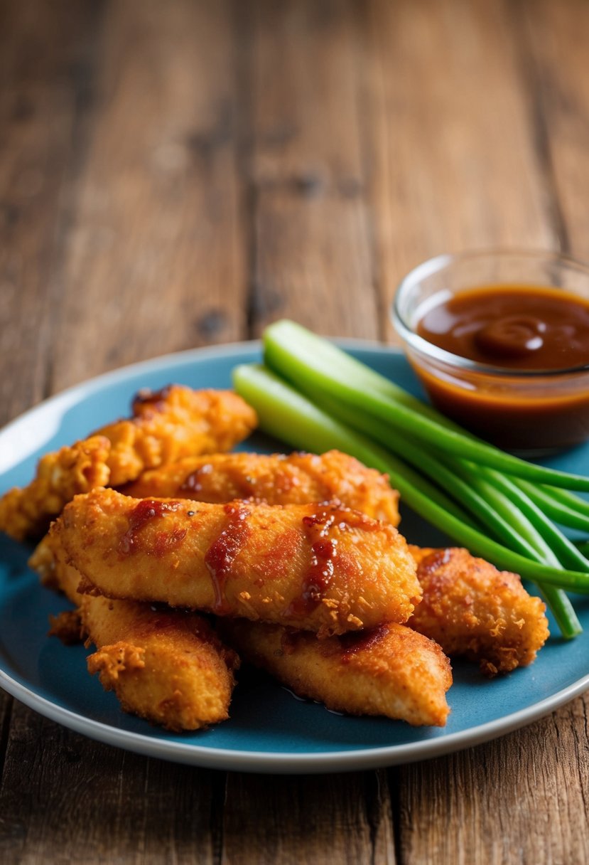 A plate of golden-brown BBQ chicken tenders with a side of fresh vegetables and a dipping sauce