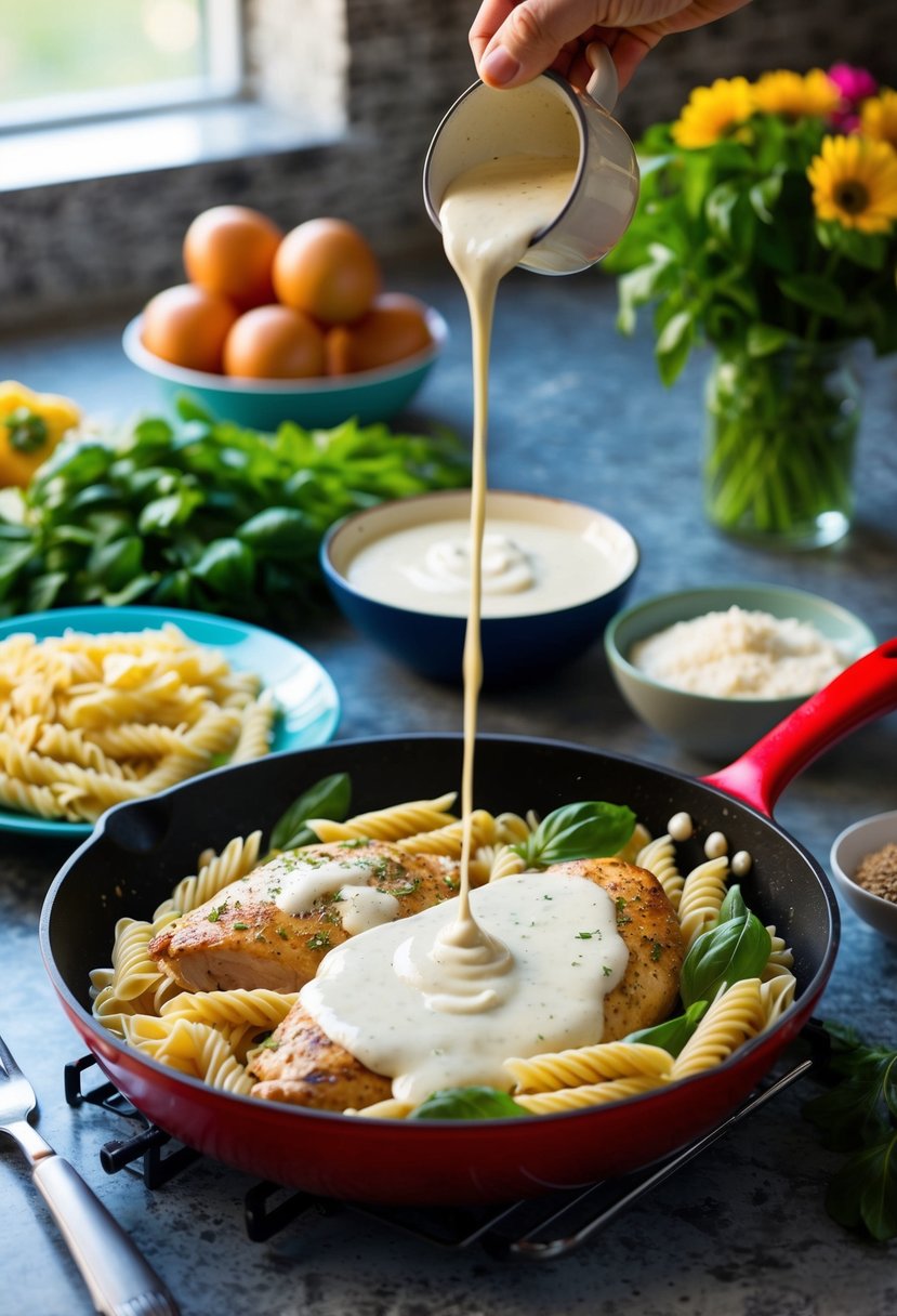 A colorful kitchen scene with fresh ingredients like chicken, whole grain pasta, and creamy alfredo sauce being prepared in a skillet