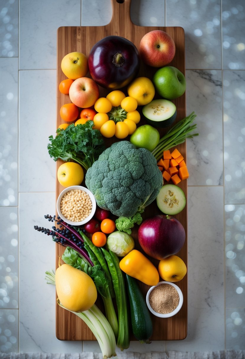 A colorful array of fresh fruits, vegetables, and grains arranged on a wooden cutting board