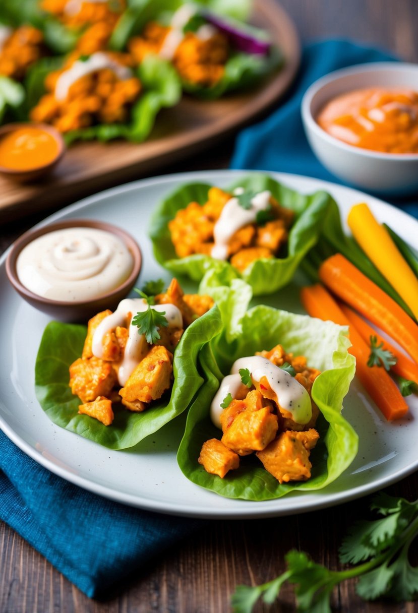 A plate of buffalo chicken lettuce wraps with colorful vegetables and a side of dipping sauce