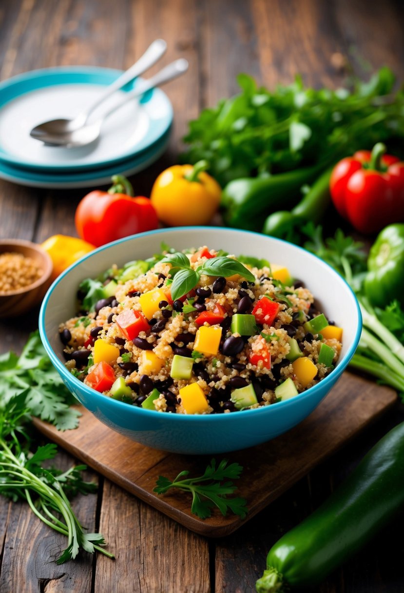 A colorful bowl of quinoa and black bean salad surrounded by fresh vegetables and herbs on a rustic wooden table