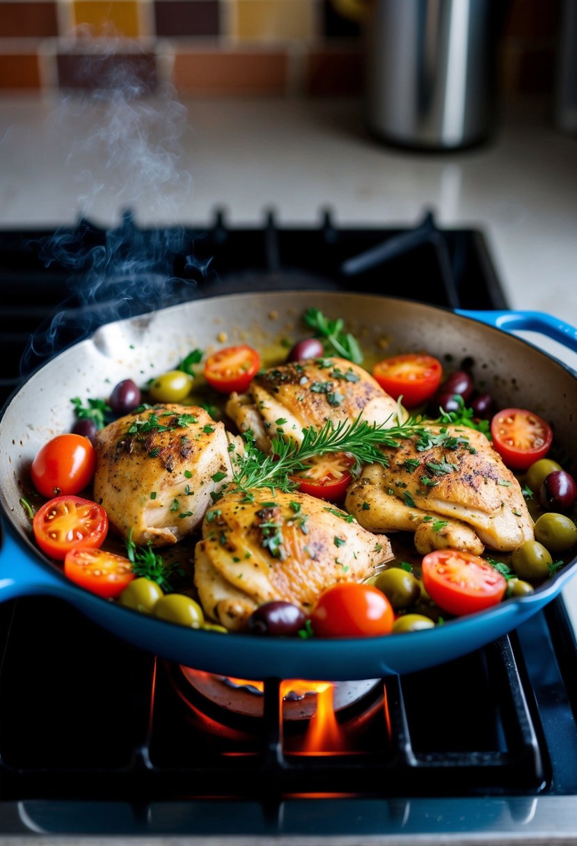 A colorful skillet with Mediterranean chicken, tomatoes, olives, and herbs sizzling over a stove flame