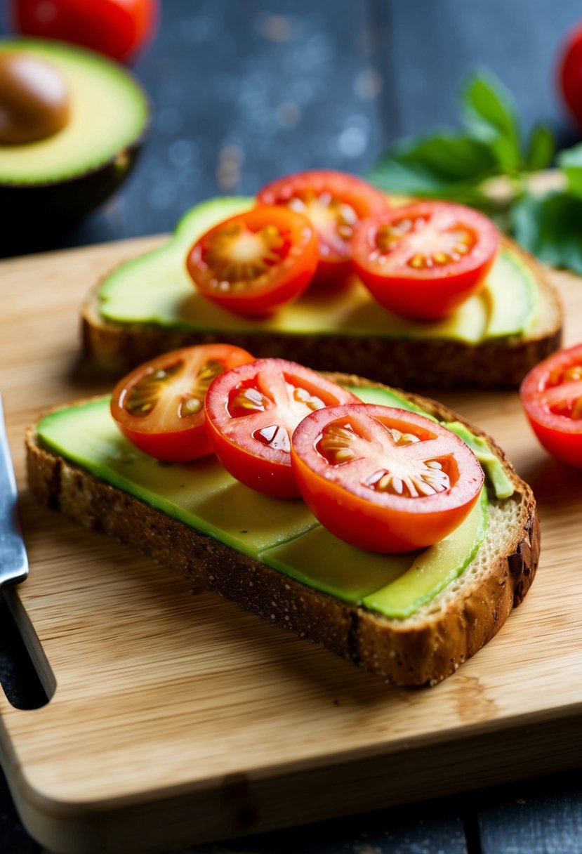 A slice of avocado toast topped with halved cherry tomatoes on a wooden cutting board