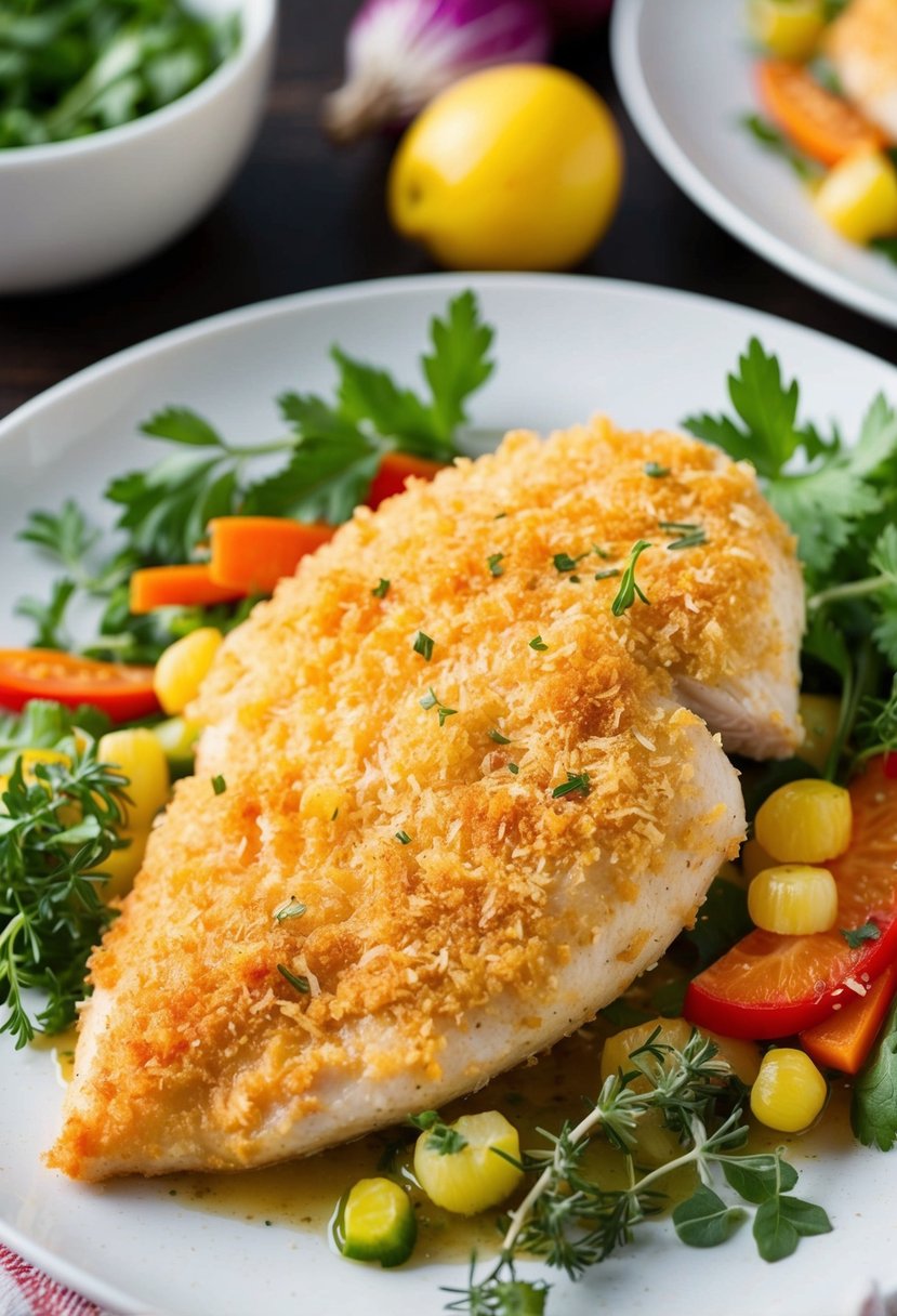 A golden-brown chicken breast coated in crispy Parmesan crust, surrounded by fresh herbs and colorful vegetables on a white plate