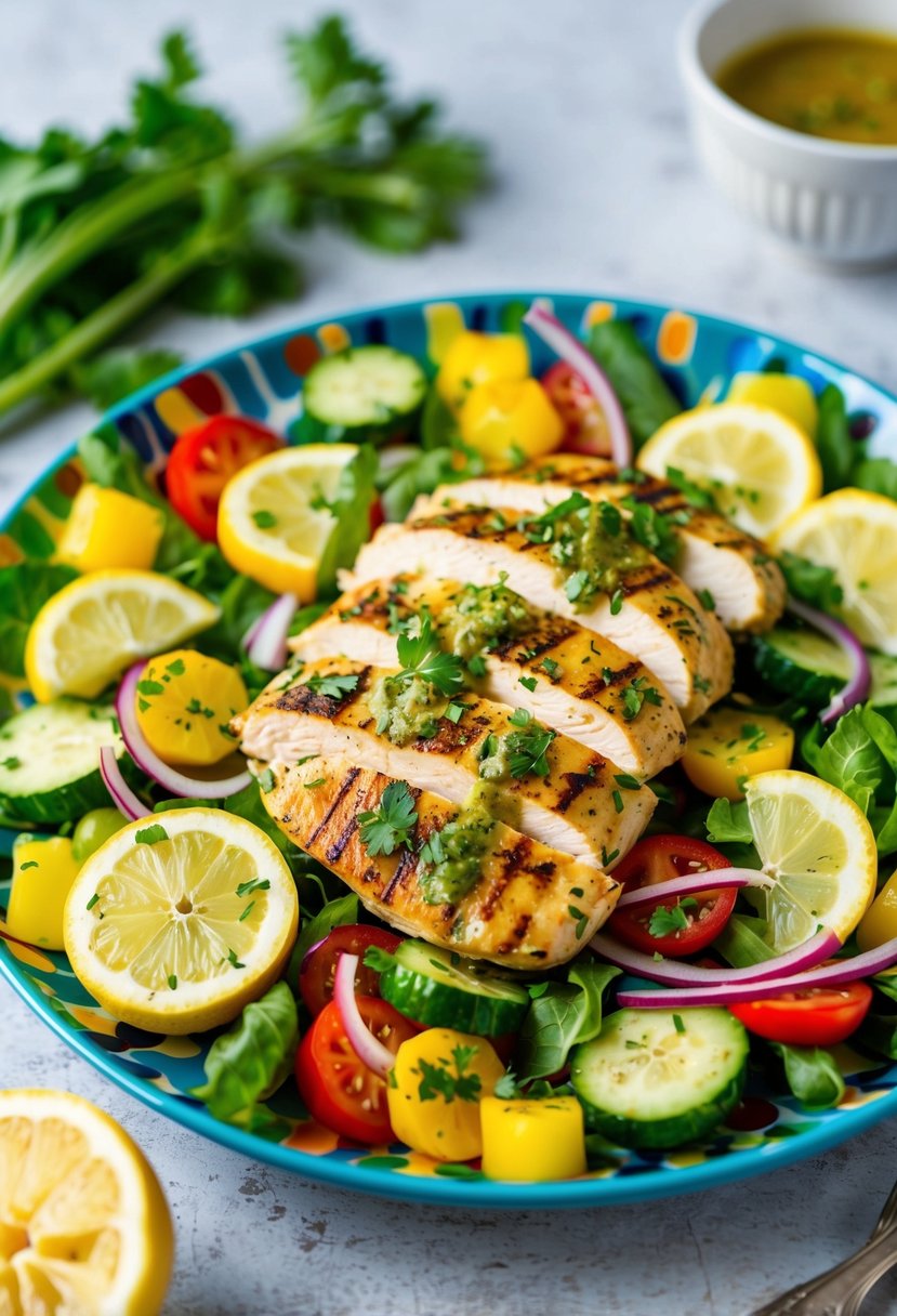 A colorful plate with grilled lemon herb Mediterranean chicken salad surrounded by fresh vegetables and drizzled with vinaigrette