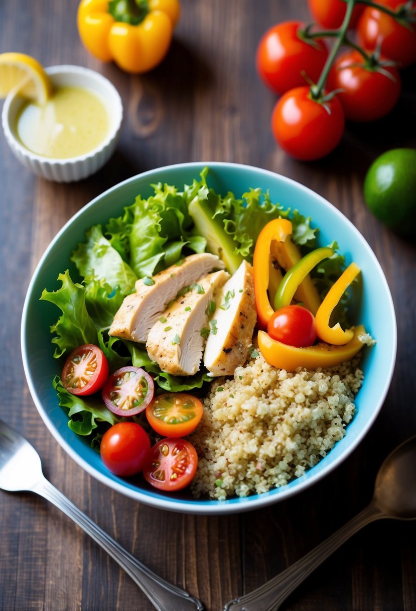 A colorful bowl filled with fresh green lettuce, sliced grilled chicken, fluffy quinoa, cherry tomatoes, and vibrant bell peppers, drizzled with a light vinaigrette