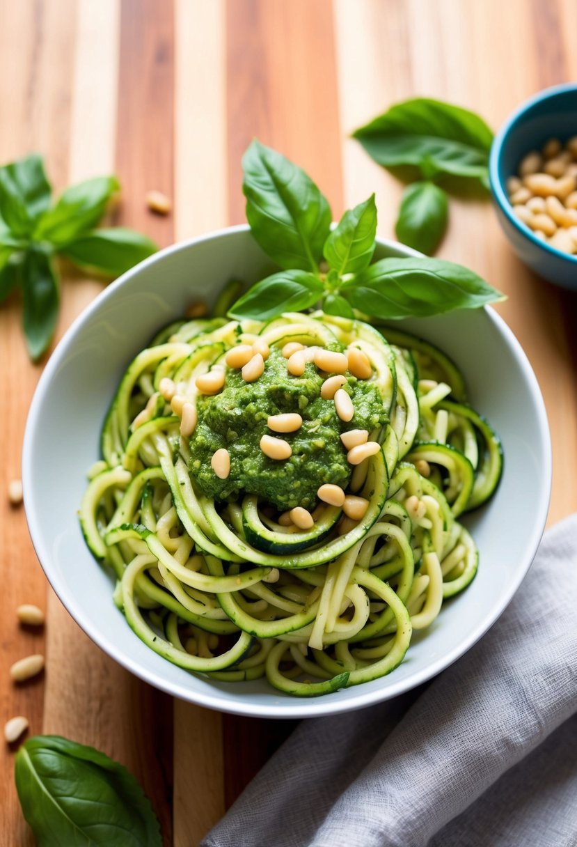 A bowl of zucchini noodles topped with vibrant green pesto sauce, garnished with pine nuts and fresh basil leaves