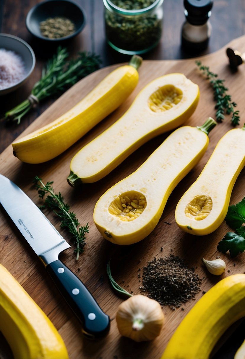 A wooden cutting board with sliced yellow squash, a knife, and various herbs and spices scattered around