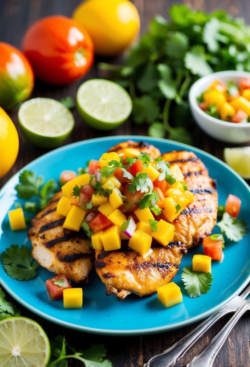 A colorful plate of grilled chicken topped with vibrant mango salsa, surrounded by fresh ingredients like cilantro, lime, and diced tomatoes