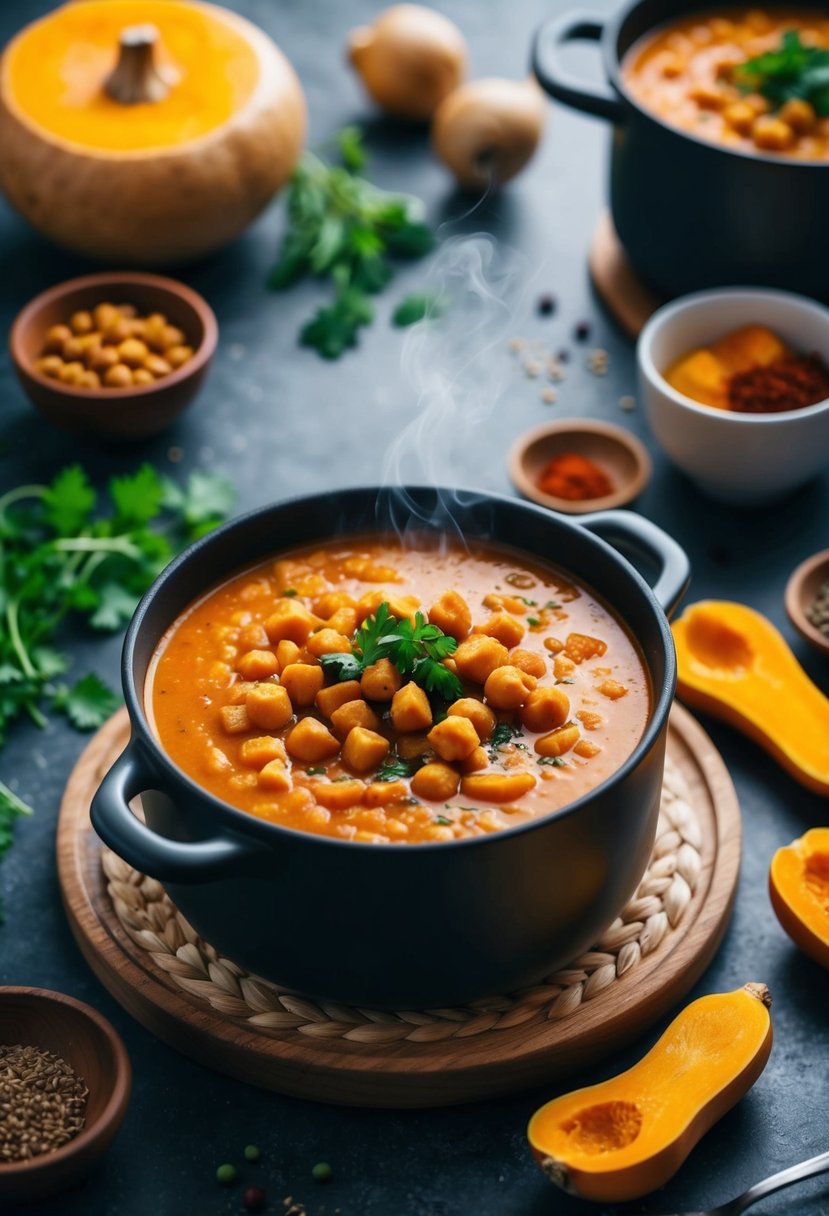 A steaming pot of spicy chickpea and butternut squash soup surrounded by fresh ingredients and spices