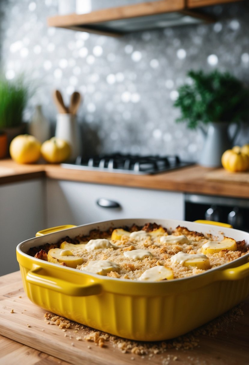 A rustic kitchen counter with fresh yellow squash, breadcrumbs, and melted cheese in a baking dish