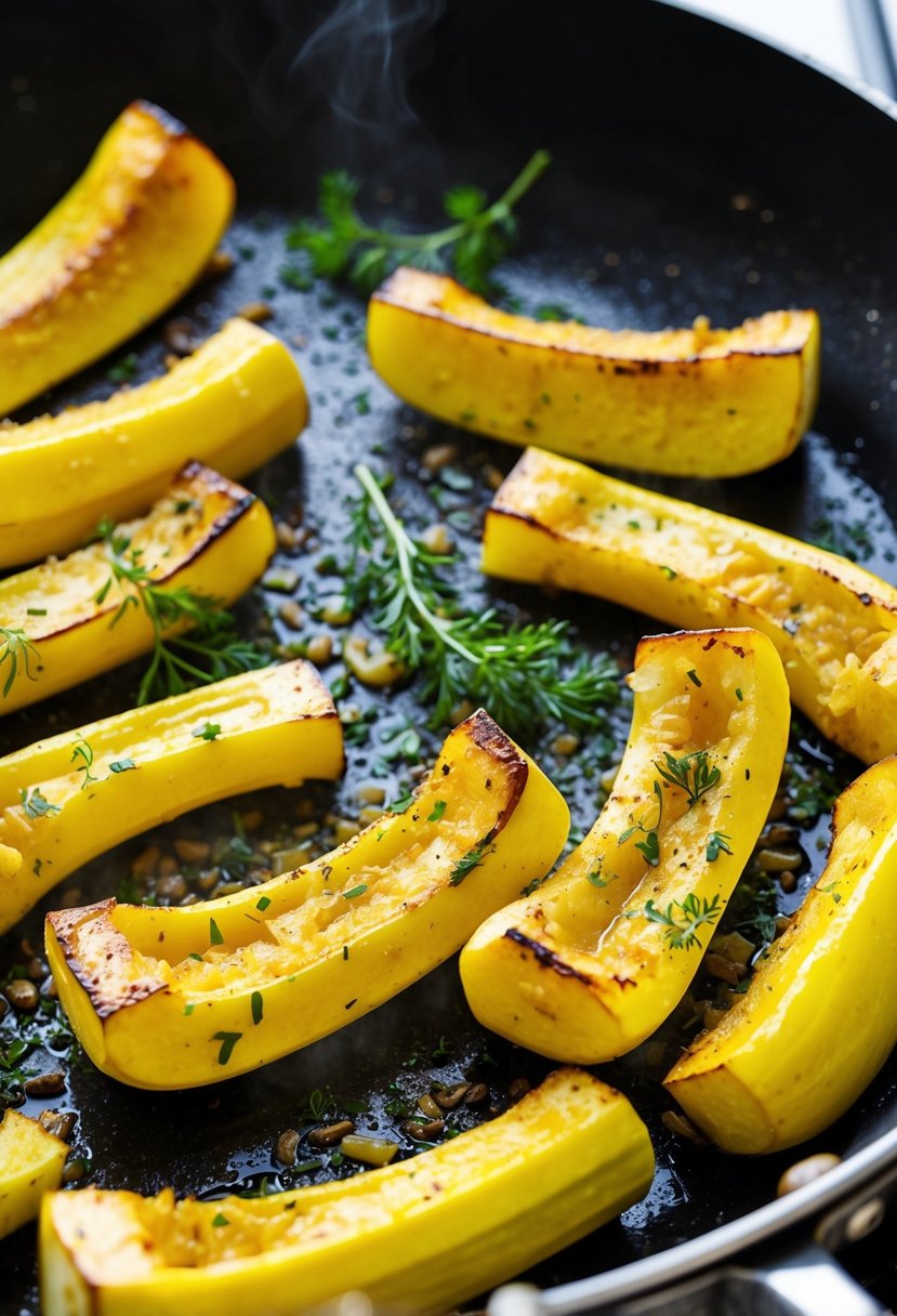 Fresh yellow squash being sautéed in a sizzling pan with herbs, creating a crispy and flavorful dish