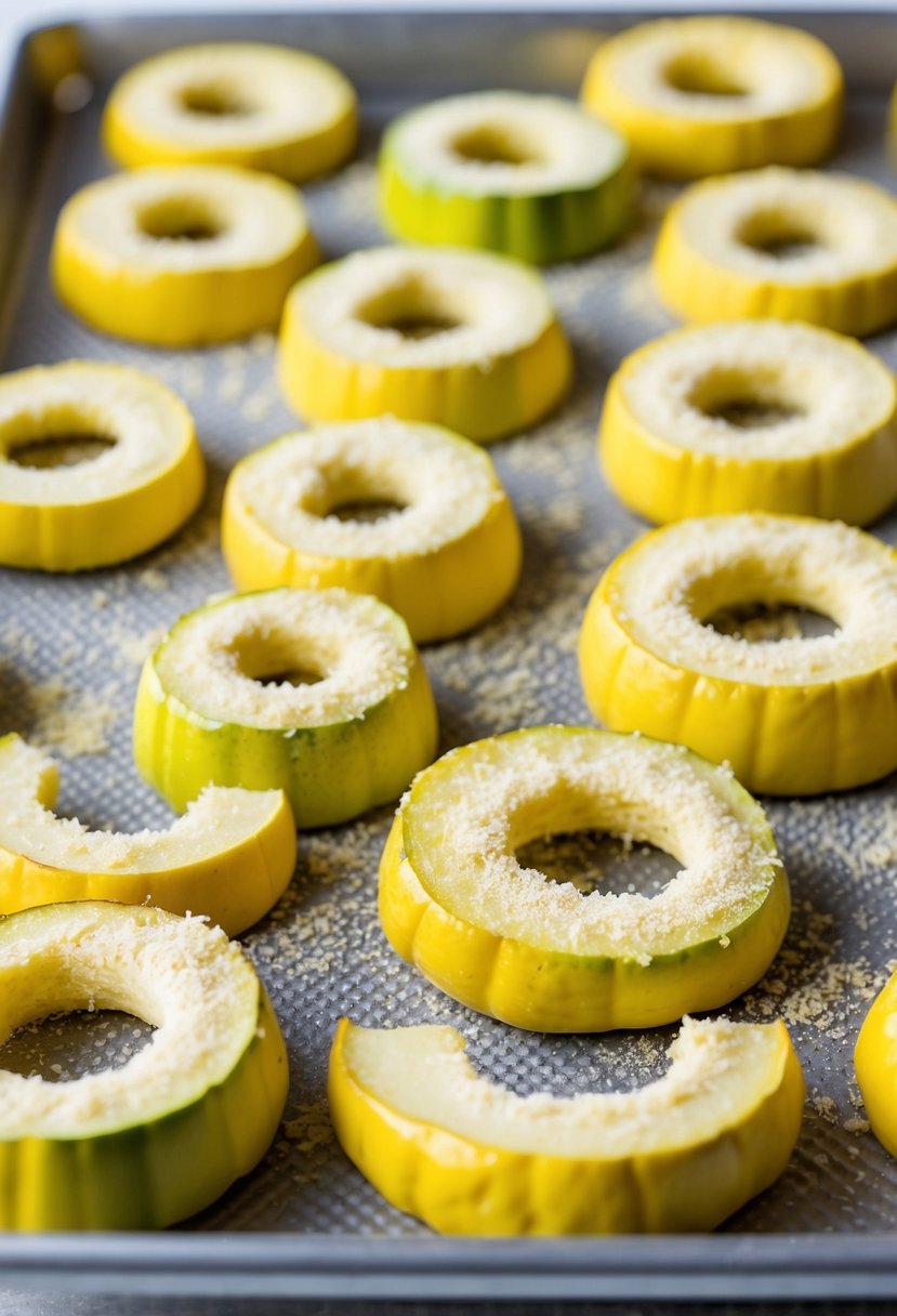 Fresh yellow squash rounds coated in Parmesan cheese, arranged on a baking sheet ready to be baked