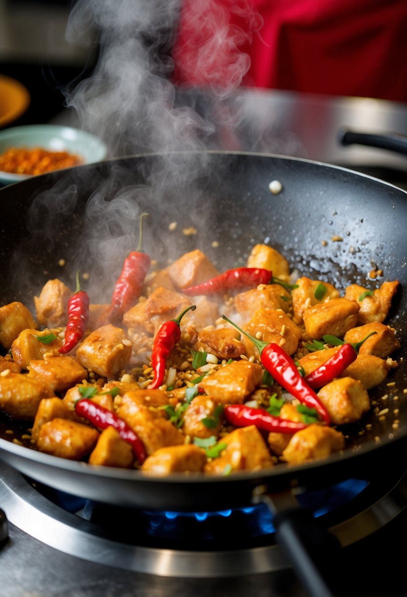 A sizzling wok cooks Szechuan style chicken with vibrant red chilies and fragrant spices. Steam rises as the ingredients are tossed together in the pan