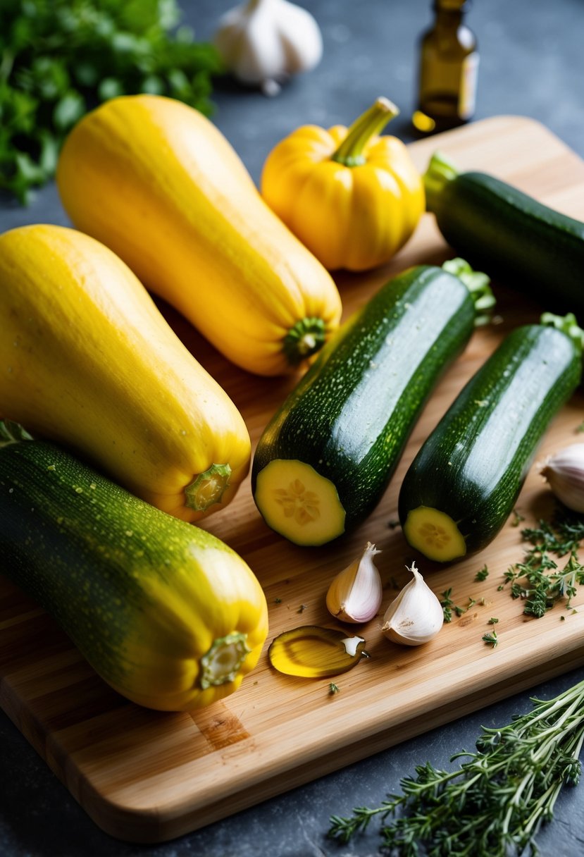 Fresh yellow squash and zucchini arranged on a cutting board, surrounded by a few scattered ingredients like garlic, herbs, and olive oil