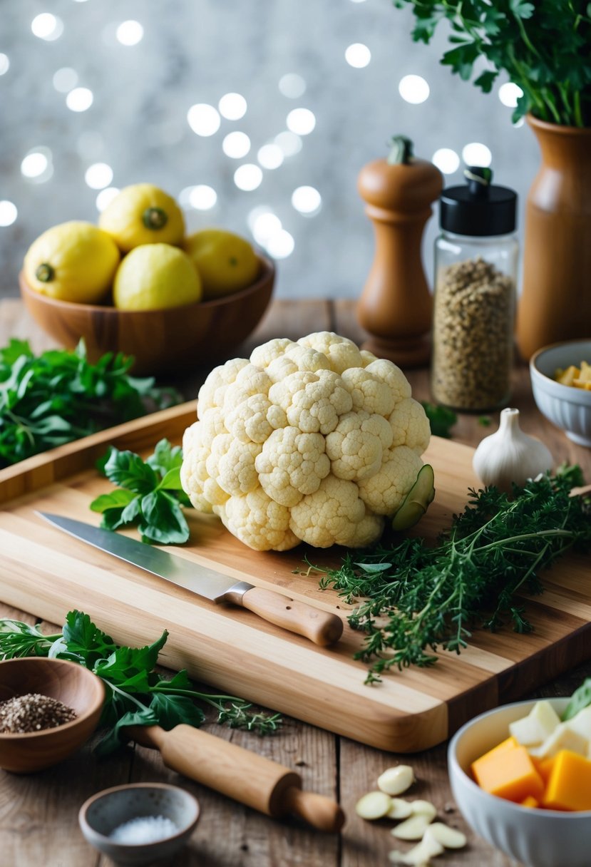 A rustic kitchen scene with a wooden cutting board, fresh cauliflower, herbs, and a rolling pin, surrounded by various healthy ingredients