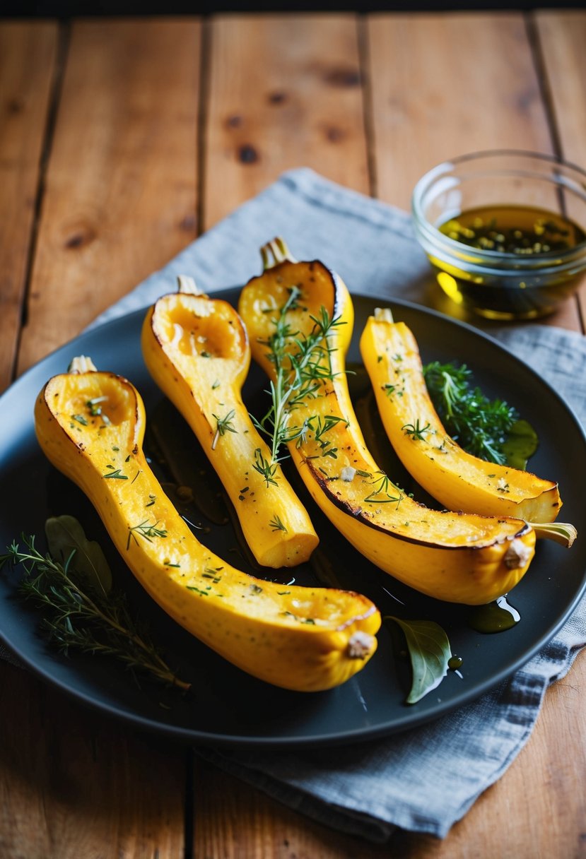 A platter of roasted yellow squash with herbs and olive oil