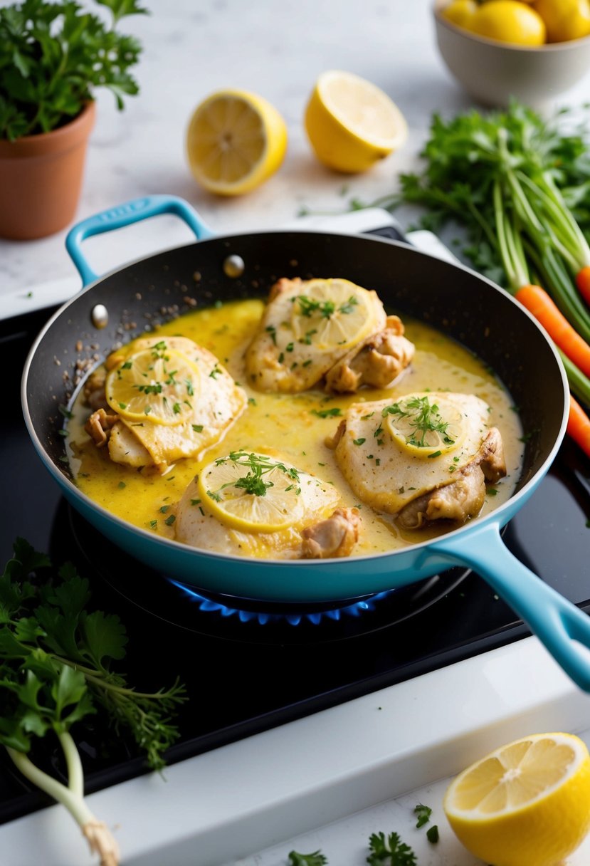 A sizzling skillet of lemon garlic butter chicken cooking on a stovetop, surrounded by fresh herbs and colorful vegetables