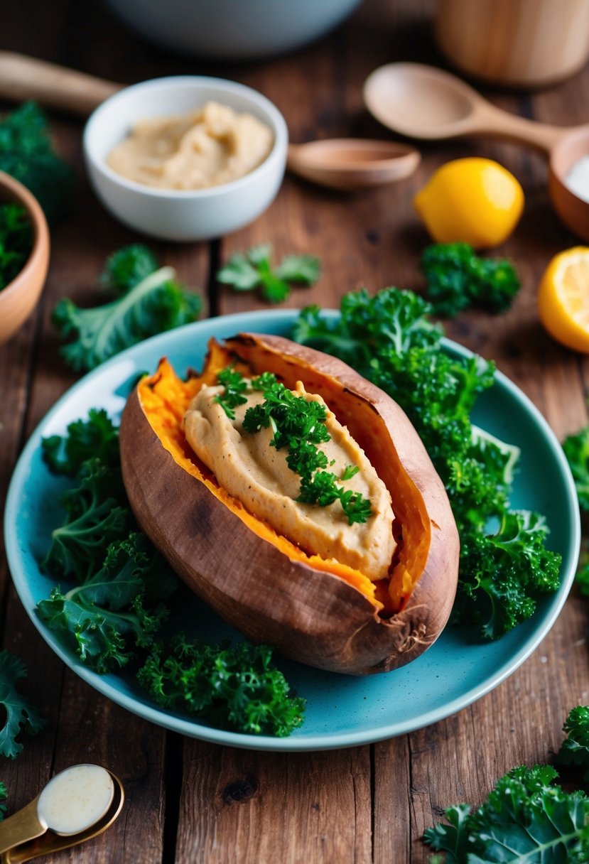 A rustic wooden table with a baked sweet potato topped with hummus and kale, surrounded by fresh ingredients and cooking utensils