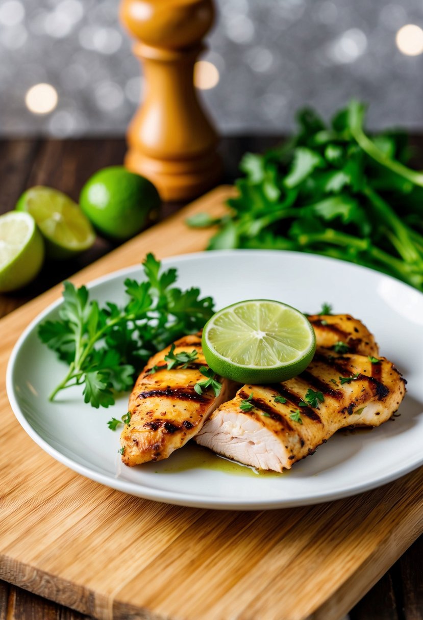 A plate of grilled chicken with lime slices and fresh herbs on a wooden cutting board