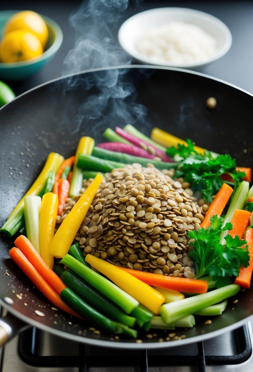 A colorful array of fresh vegetables and lentils sizzling in a wok, emitting a savory aroma