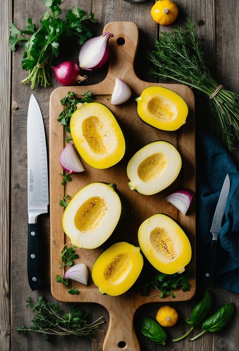 A rustic wooden cutting board with sliced yellow squash and onions, surrounded by fresh herbs and a chef's knife