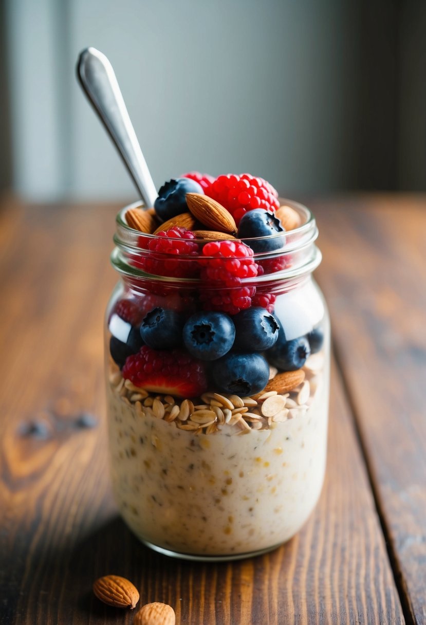 A mason jar filled with overnight oats topped with fresh berries and almonds on a wooden table