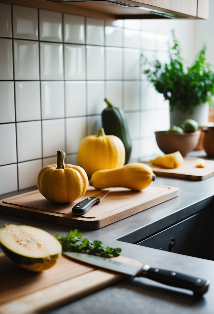 A kitchen counter with fresh yellow squash, a cutting board, a knife, and a mixing bowl