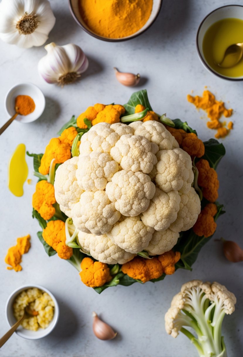 A head of cauliflower surrounded by turmeric, garlic, and olive oil, ready to be roasted