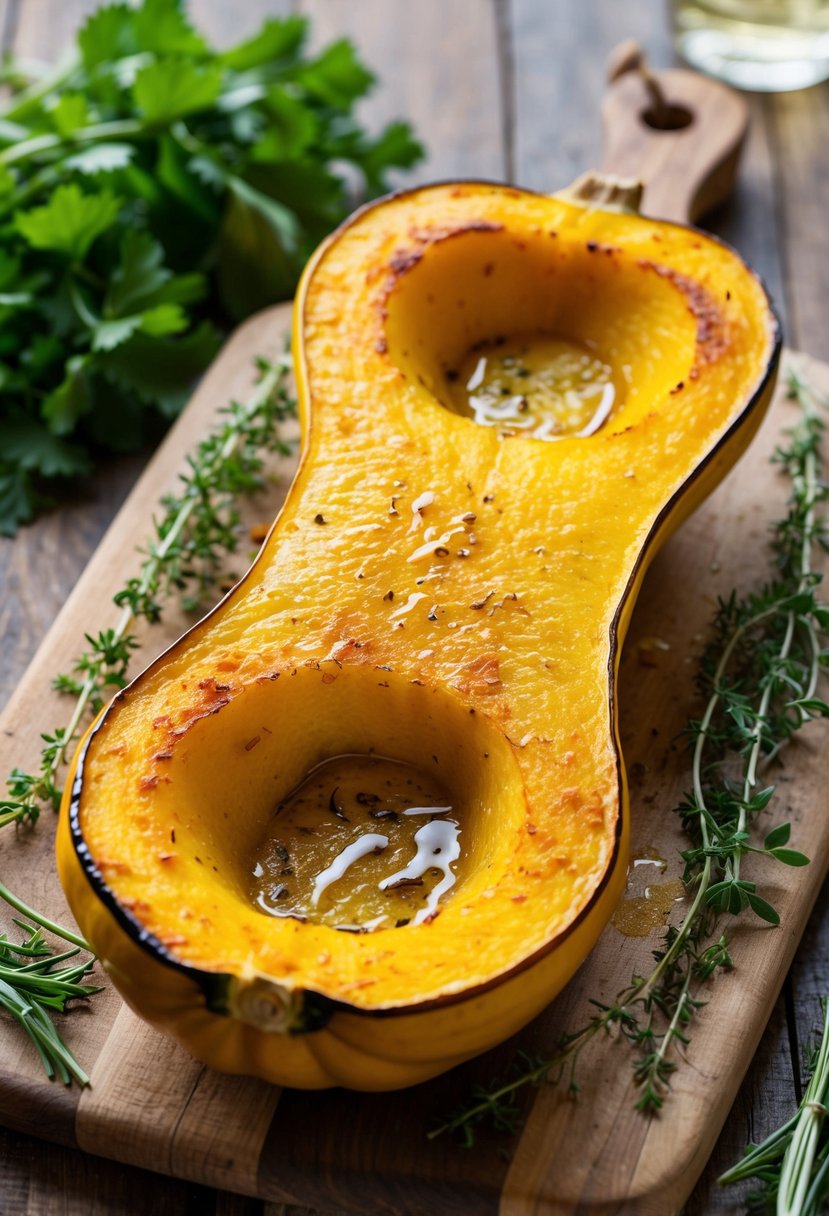 A golden-brown roasted yellow squash sits on a rustic wooden cutting board, surrounded by fresh herbs and a drizzle of olive oil