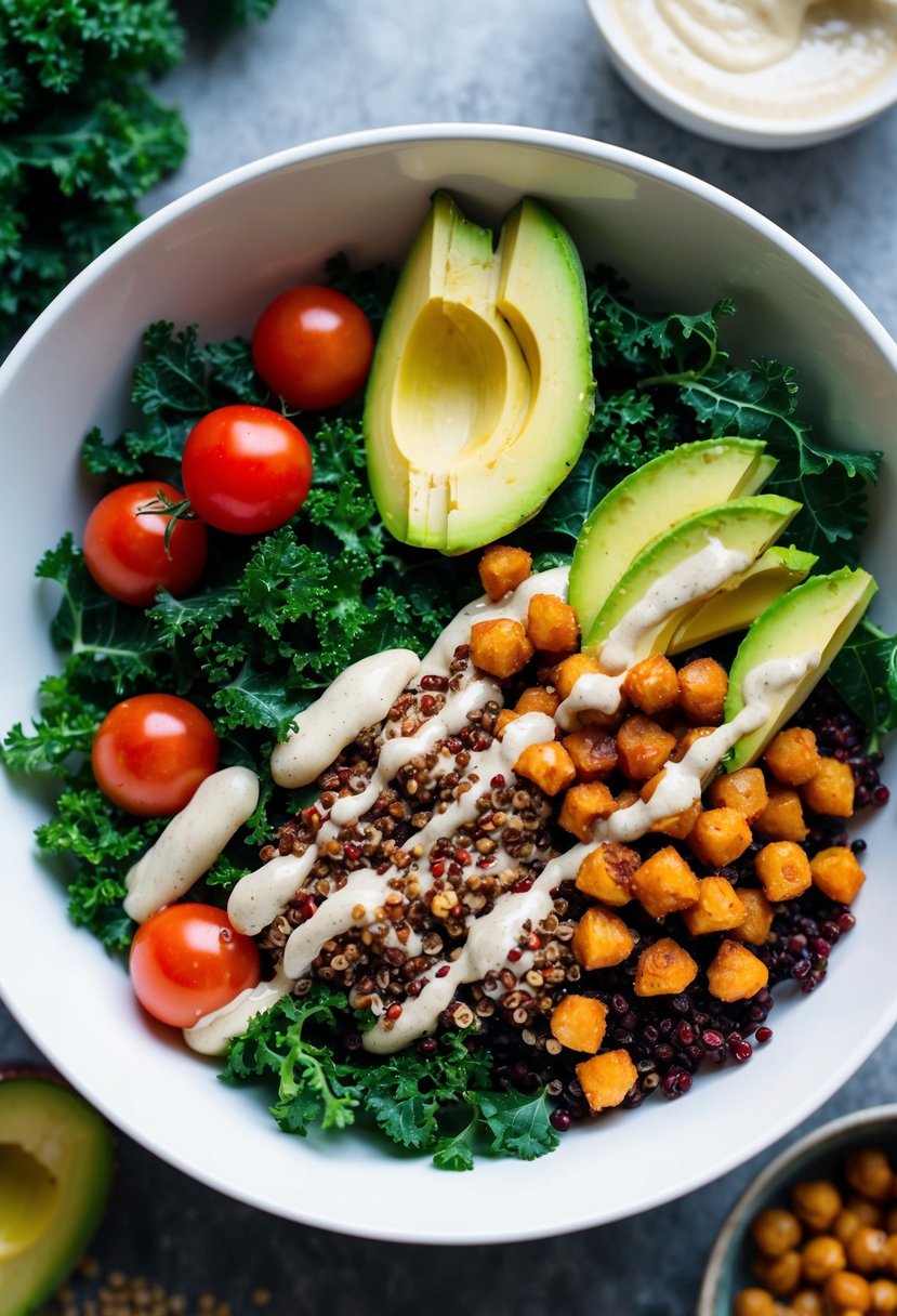 A colorful bowl filled with kale, quinoa, cherry tomatoes, avocado slices, and roasted chickpeas, topped with a drizzle of tahini dressing