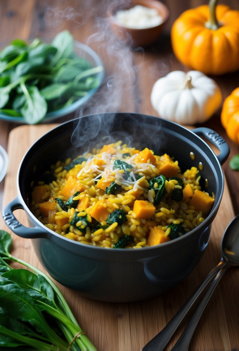 A steaming pot of pumpkin and spinach risotto surrounded by fresh ingredients on a wooden kitchen counter