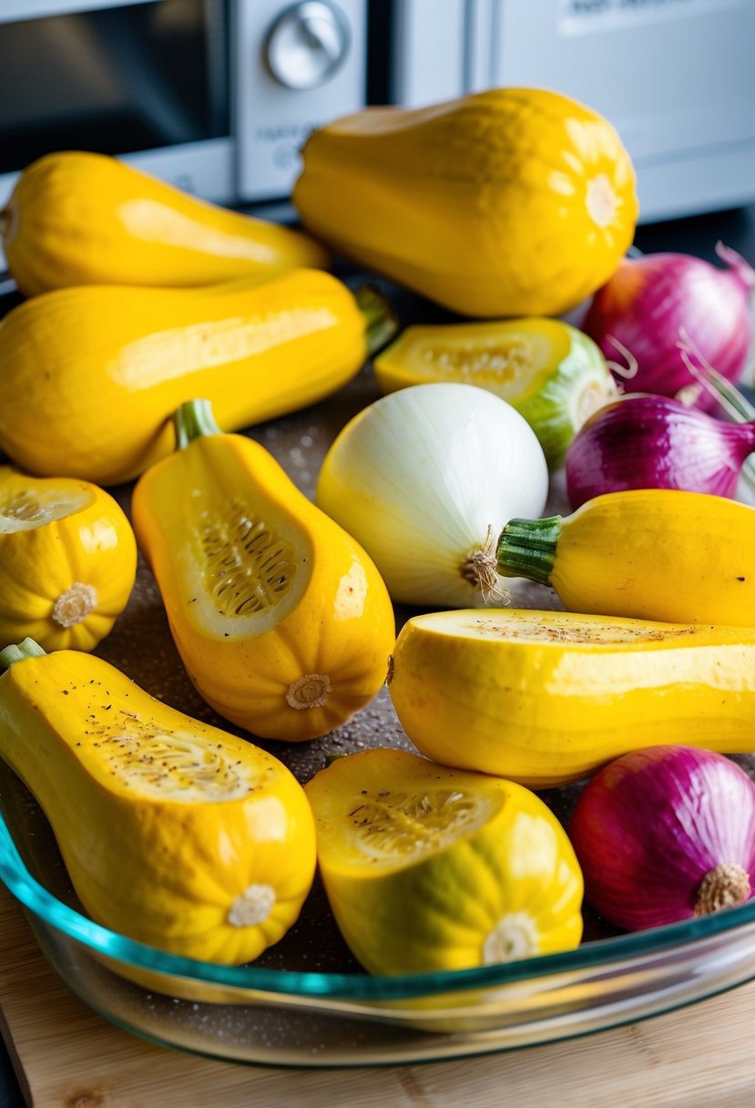 Fresh yellow squash and onions arranged on a microwave-safe dish, ready to be seasoned and baked