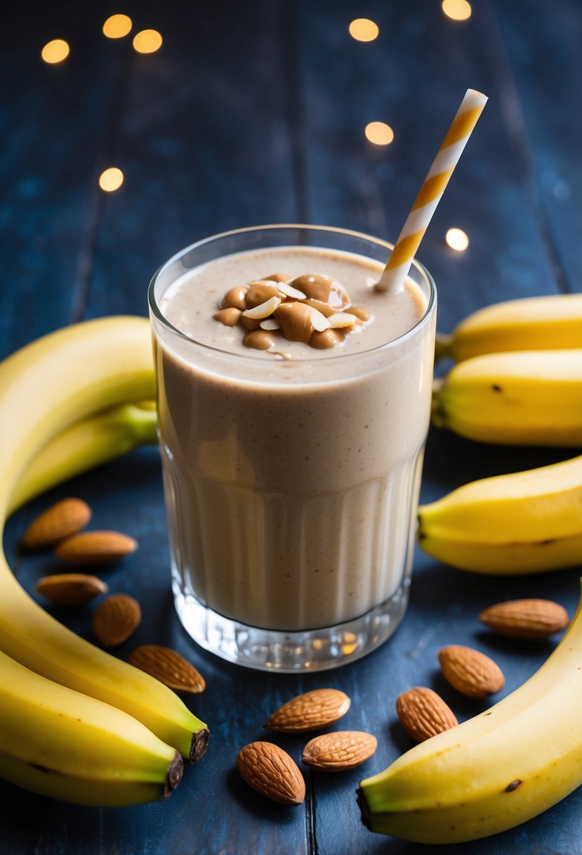 A glass of almond butter banana smoothie surrounded by fresh bananas and almonds