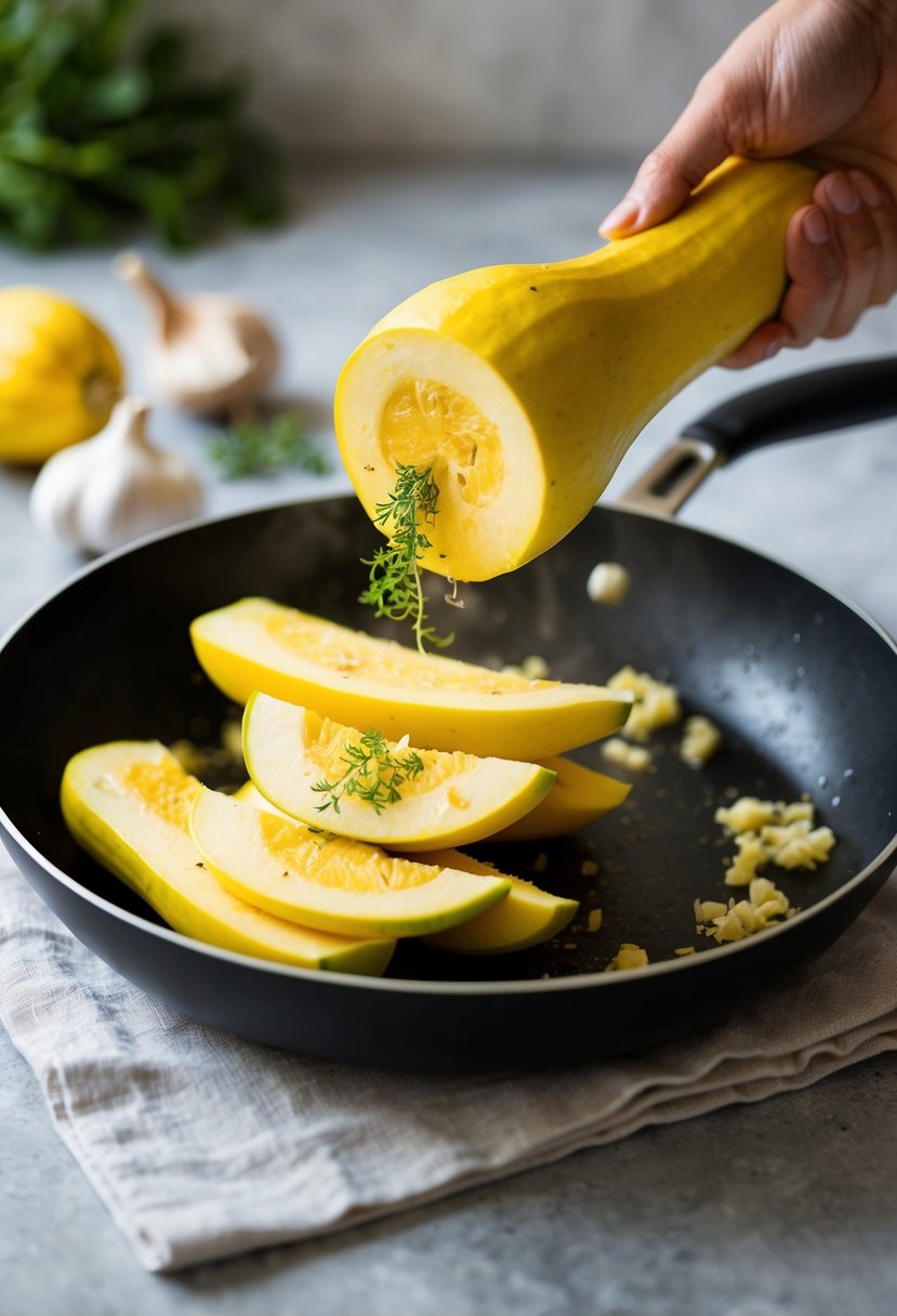 Fresh yellow squash being sliced and sautéed in a sizzling pan with garlic and herbs