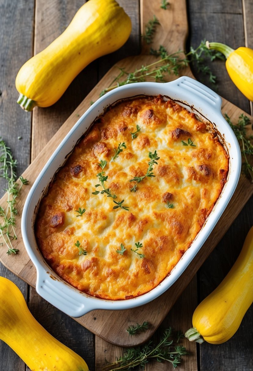 A rustic wooden table with a bubbling, golden-brown cheesy squash gratin fresh from the oven, surrounded by scattered fresh yellow squash and sprigs of thyme