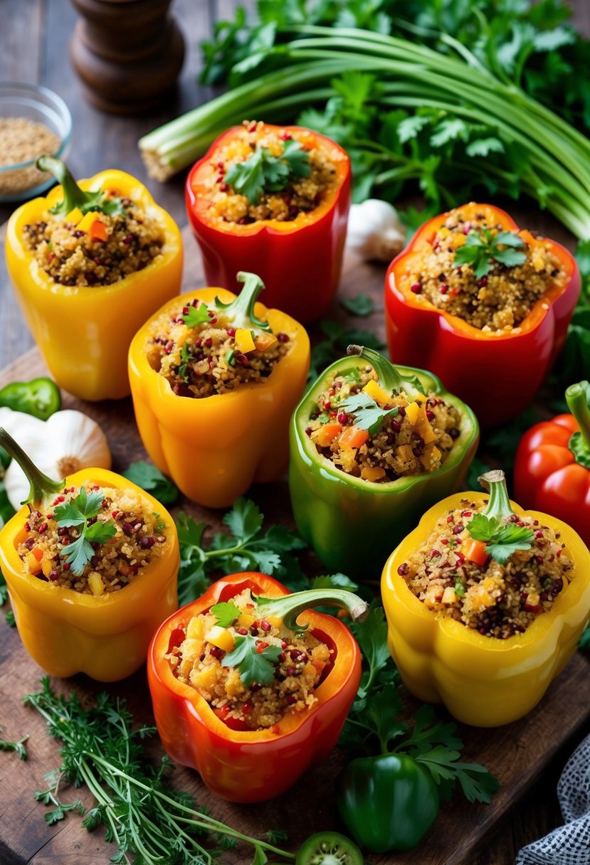 A colorful array of stuffed bell peppers filled with quinoa, surrounded by fresh vegetables and herbs on a rustic wooden cutting board