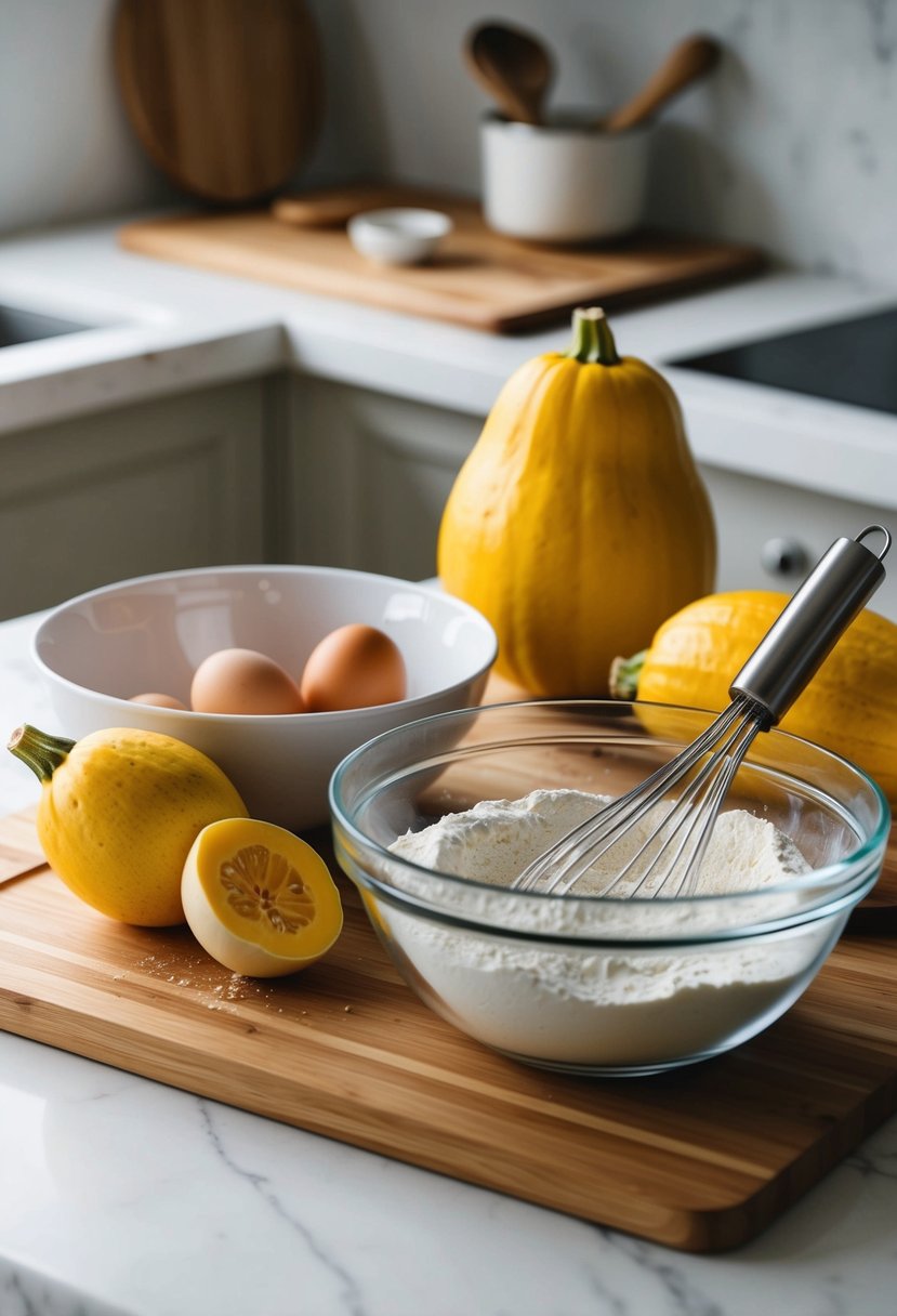 Fresh yellow squash, eggs, and flour on a wooden cutting board, a mixing bowl, and a whisk on a kitchen counter