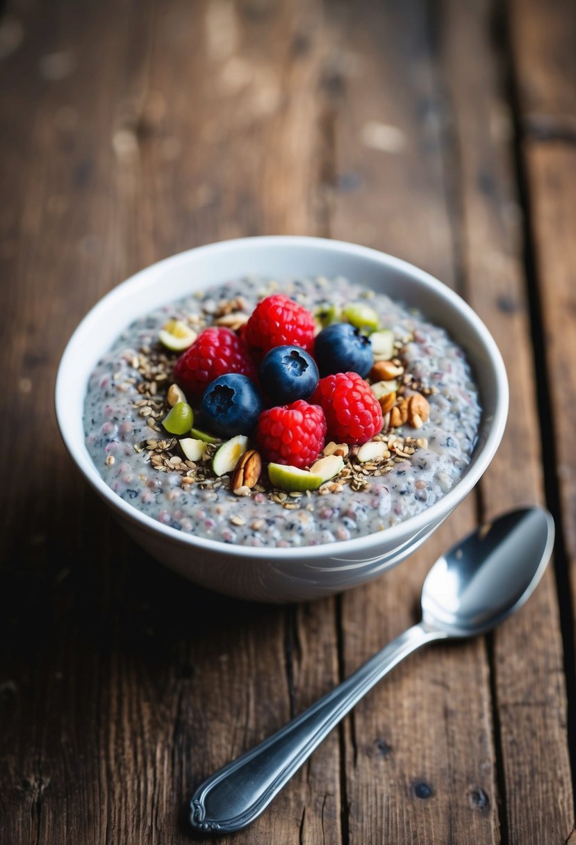 A bowl of chia pudding topped with fresh berries and a sprinkle of nuts, set on a rustic wooden table with a spoon beside it