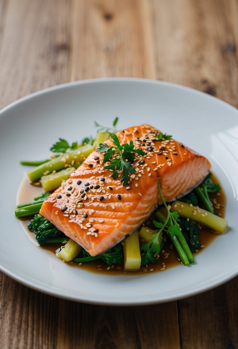 A piece of miso glazed salmon on a bed of steamed vegetables, garnished with sesame seeds and fresh herbs, served on a white plate