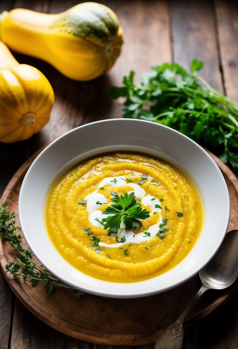 A steaming bowl of creamy yellow squash soup garnished with fresh herbs on a rustic wooden table