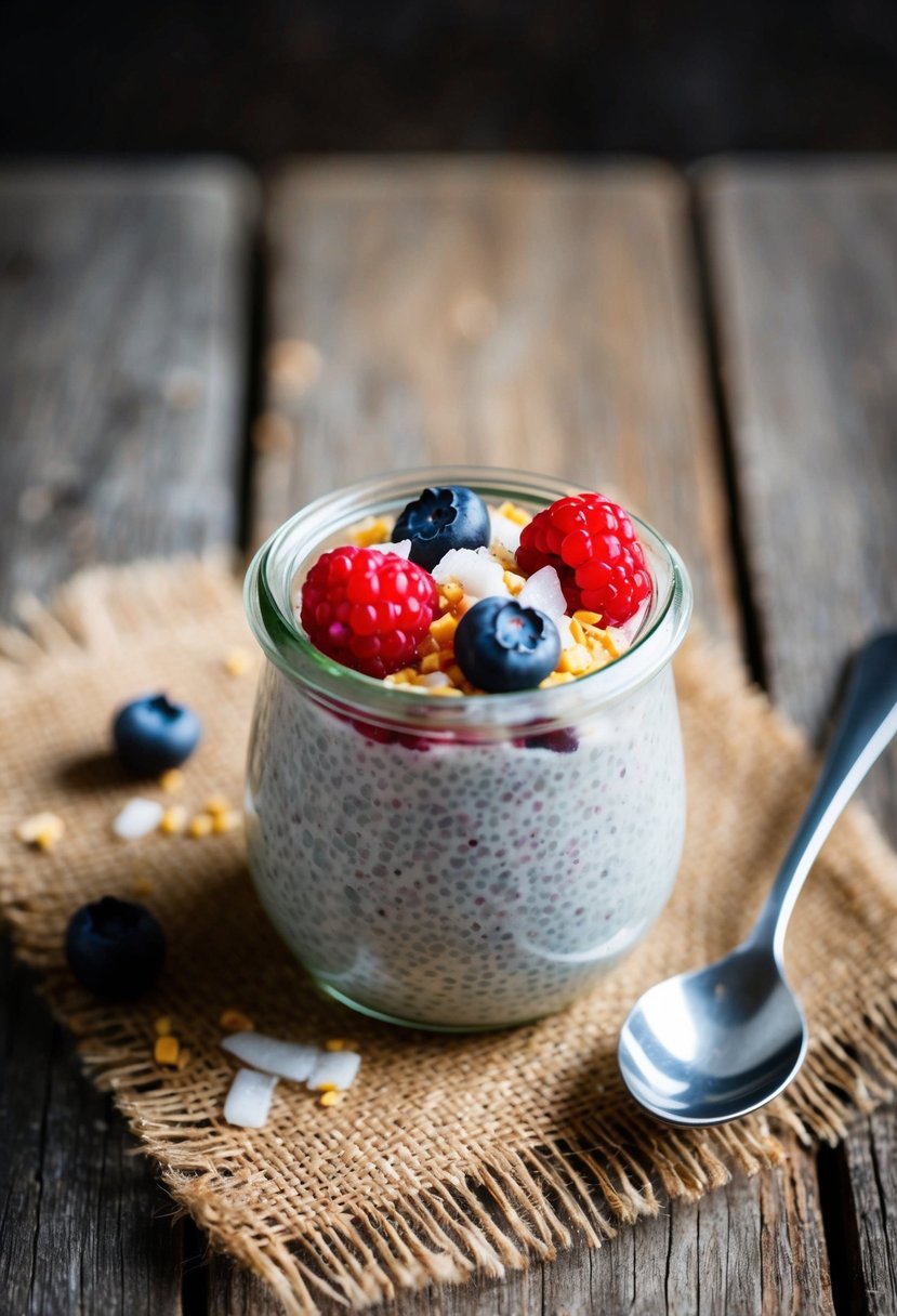 A small glass jar filled with chia pudding topped with fresh berries and a sprinkle of coconut flakes, placed on a rustic wooden table