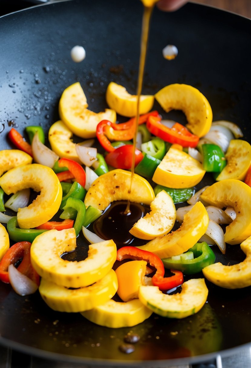 Sliced yellow squash, bell peppers, and onions sizzling in a hot wok with a drizzle of soy sauce