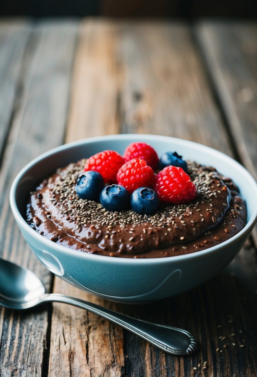 A bowl of Chocolate Chia Seed Pudding topped with fresh berries and a sprinkle of chia seeds, placed on a rustic wooden table