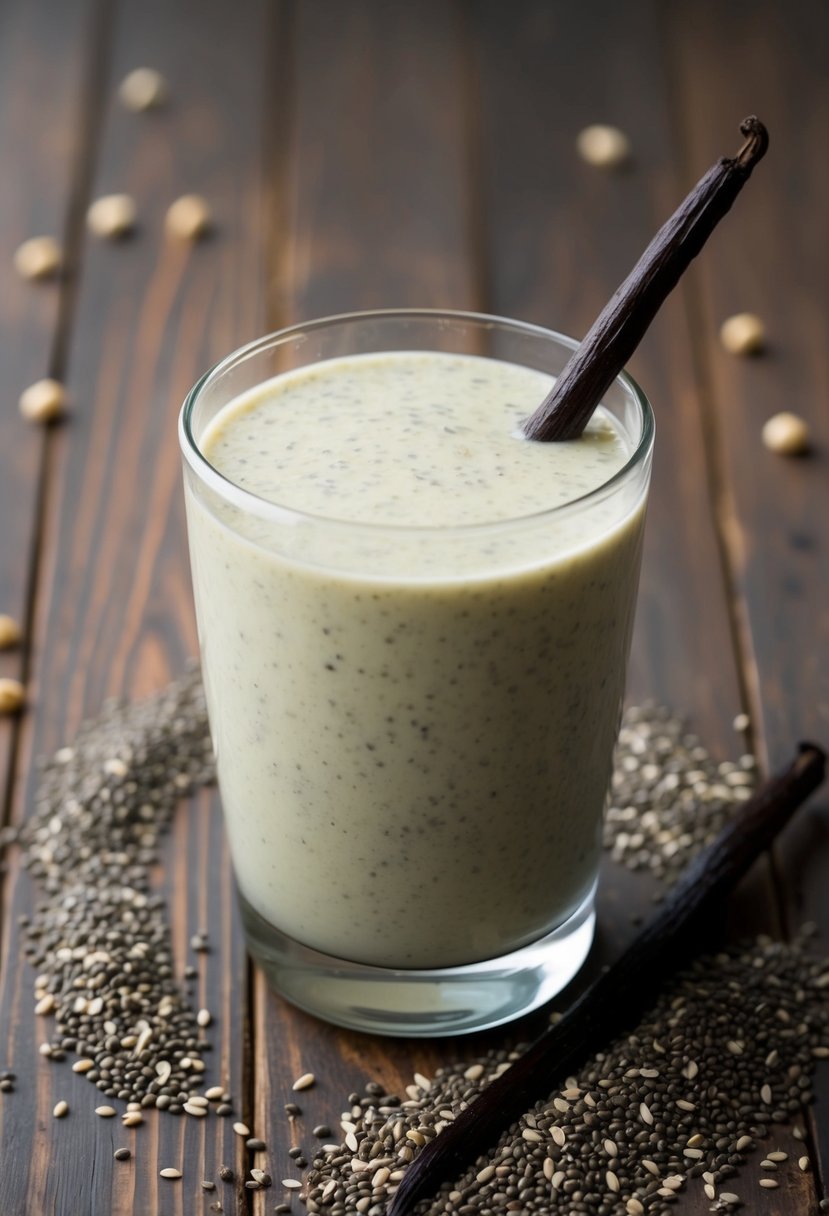 A glass filled with creamy vanilla chia seed smoothie surrounded by scattered chia seeds and a few vanilla pods