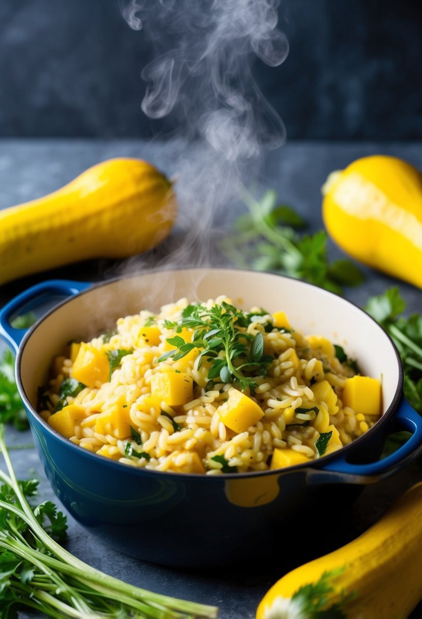 A steaming pot of yellow squash risotto, surrounded by fresh yellow squash and vibrant green herbs